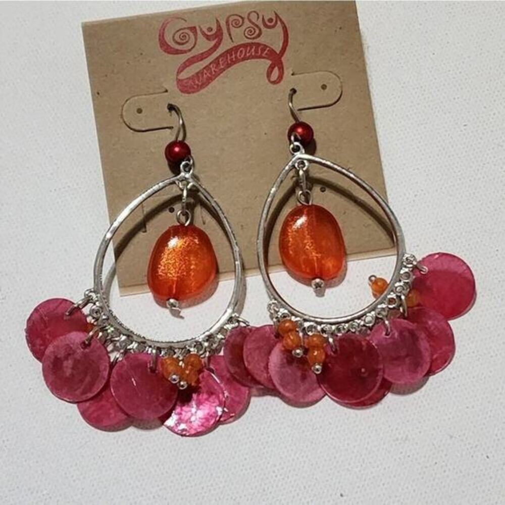 Treska Gypsy Pink Shell Orange Bead Teardrop Chandelier Dangle Earrings NEW